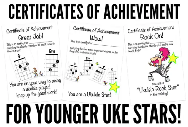 teach ukulele chords with certificates of achievement